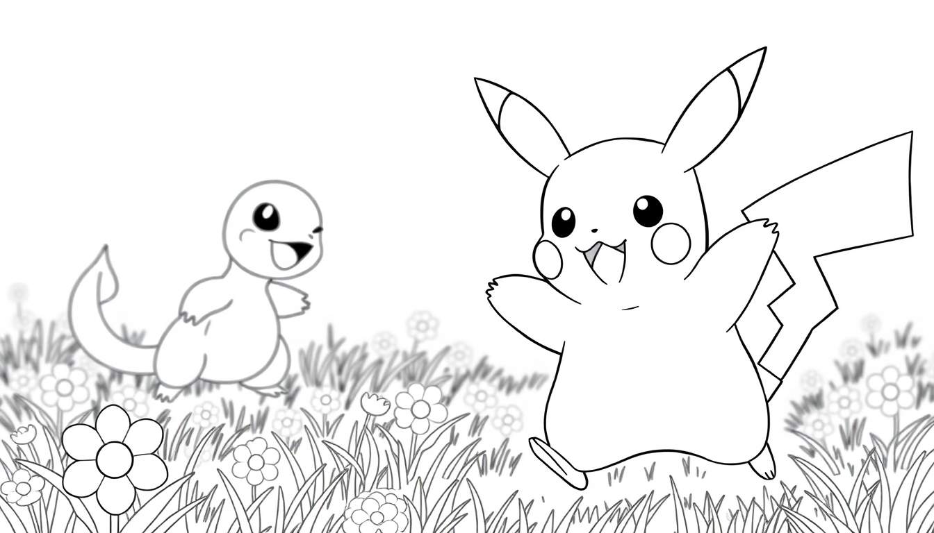 Página para colorir em preto e branco de Pikachu a correr à direita e Charmander a correr à esquerda num campo com flores e relva.