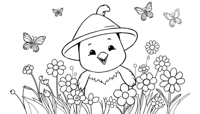 Página para colorir de um pintinho feliz com um chapéu entre flores e borboletas.