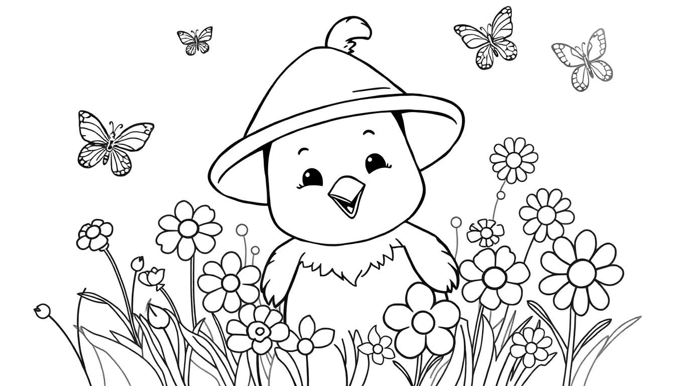 Página para colorir de um pintinho feliz com um chapéu entre flores e borboletas.