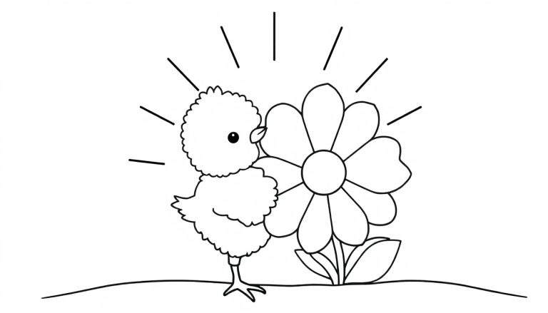 Desenho para colorir de um pintinho fofo olhando para uma flor grande com raios de sol.