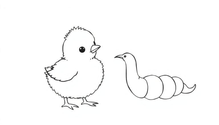 Desenho a preto e branco de um pintinho curioso ao lado de uma lagarta segmentada, para colorir.