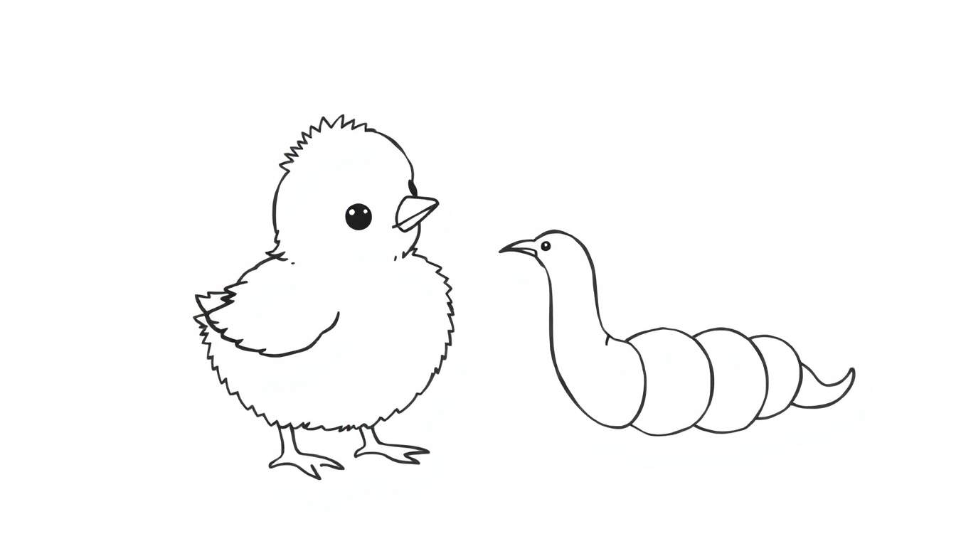 Desenho a preto e branco de um pintinho curioso ao lado de uma lagarta segmentada, para colorir.