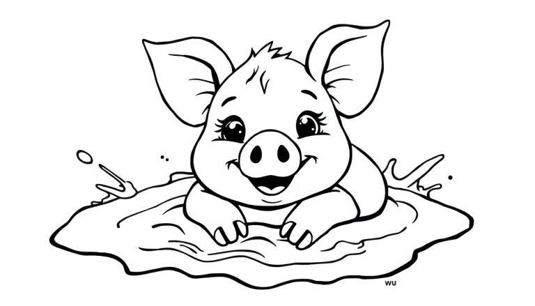 Desenho de um porquinho sorridente com a boca aberta e olhos arregalados, a brincar e a salpicar lama. Assinatura 'WU' no canto.