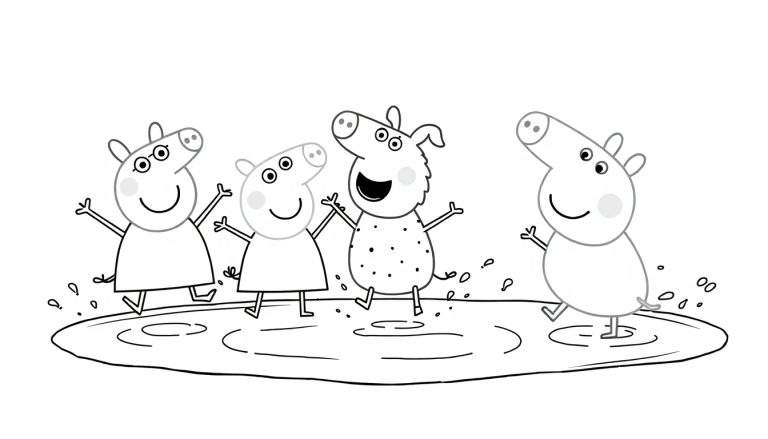 Ilustração para colorir de quatro porquinhos animados a saltar e a divertir-se numa poça de lama cheia de salpicos.