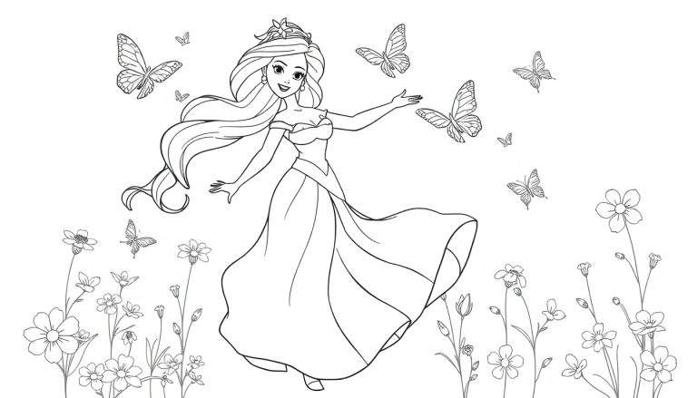 Desenho a preto e branco de uma princesa a dançar rodeada de flores e borboletas.