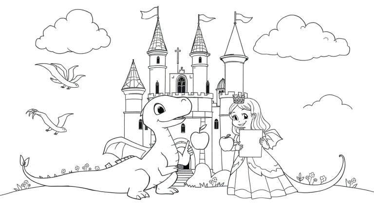 Página para colorir de uma princesa e um dragão amigável em frente a um castelo, com nuvens, flores e criaturas aladas ao fundo.