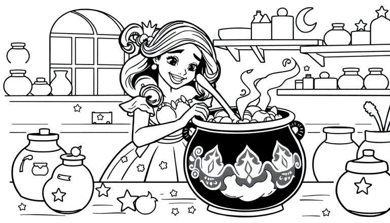 Página para colorir de uma princesa com coroa a mexer numa panela de bruxa com ingredientes, prateleira com frascos atrás e quarto de lua.