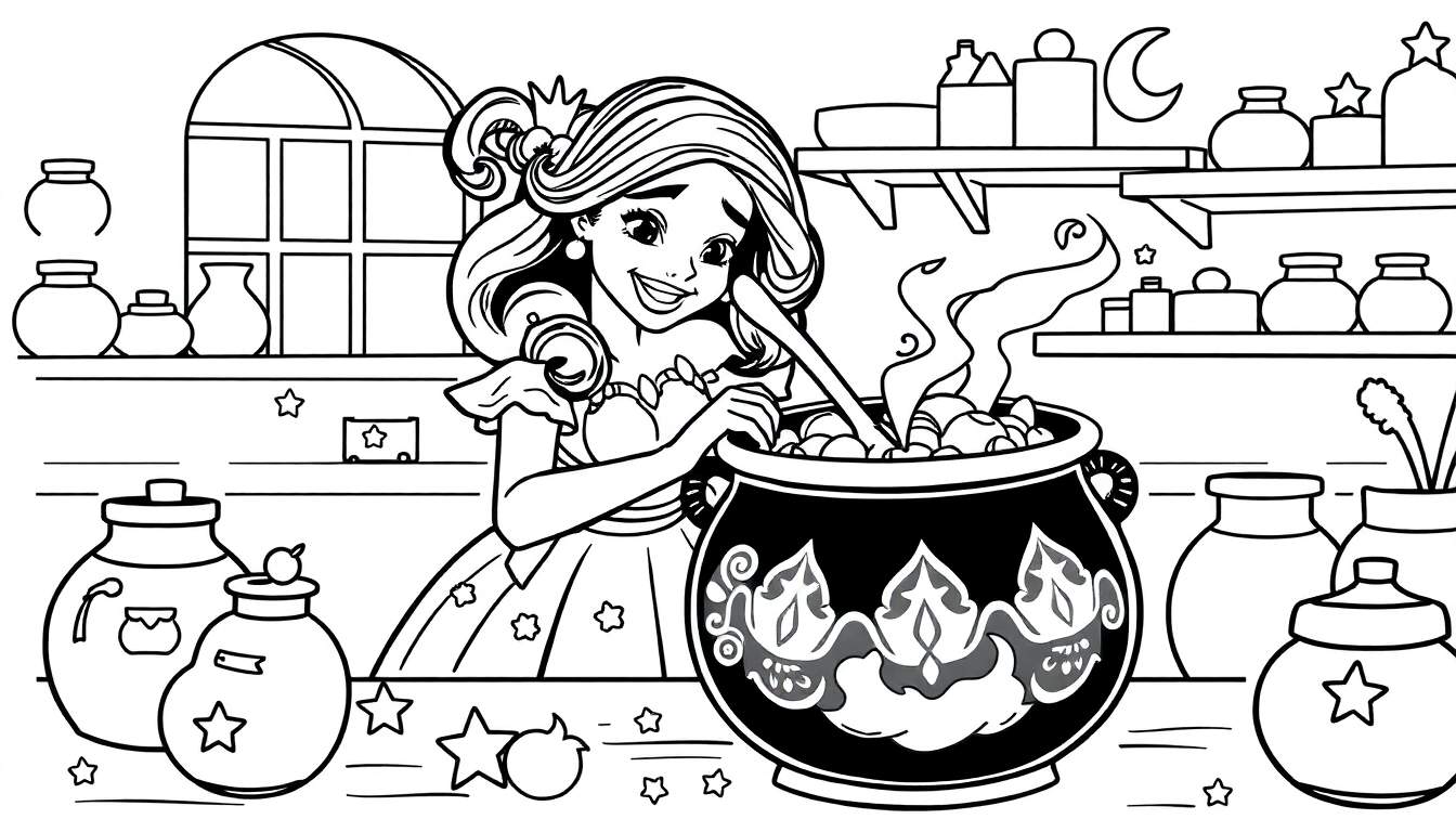 Página para colorir de uma princesa com coroa a mexer numa panela de bruxa com ingredientes, prateleira com frascos atrás e quarto de lua.