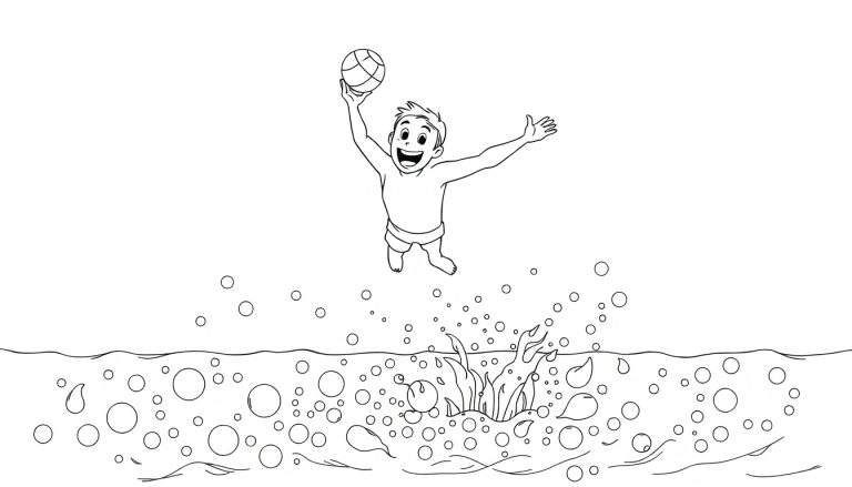 Desenho a preto e branco de um rapaz sorridente a saltar para a água com uma bola.