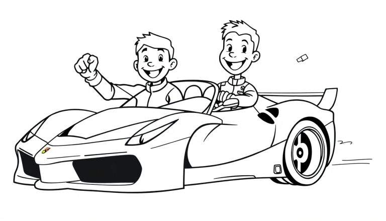 Página para colorir com dois rapazes a andar num carro de corrida desportivo. Um está ao volante, o outro a celebrar.
