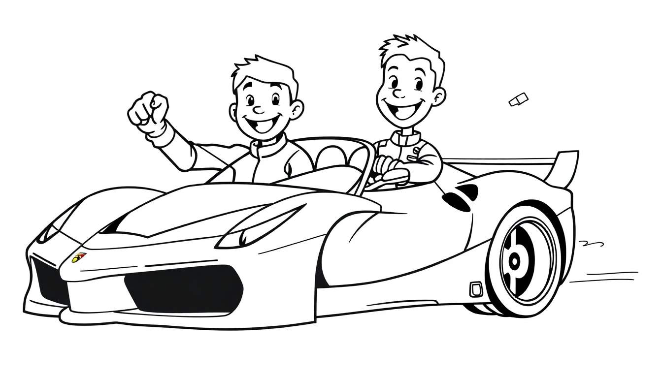 Página para colorir com dois rapazes a andar num carro de corrida desportivo. Um está ao volante, o outro a celebrar.