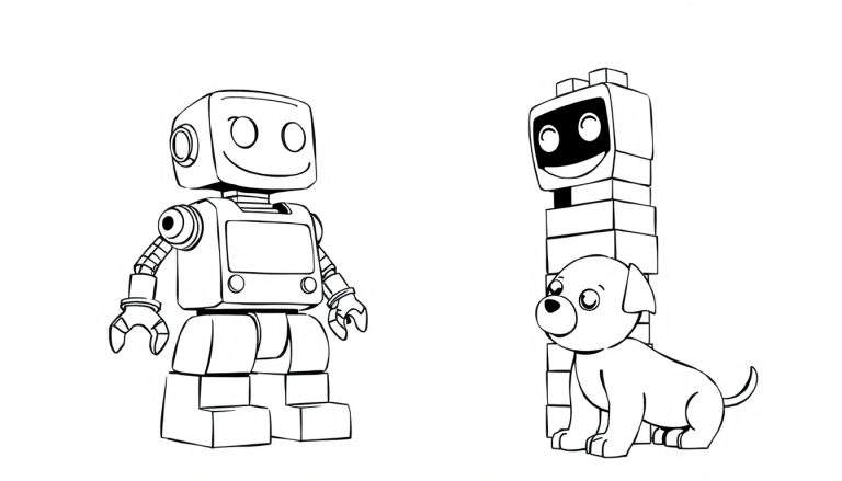 Página para colorir com dois robôs sorridentes e um cachorrinho sentado.