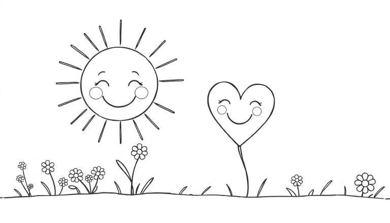 Desenho a preto e branco de um sol sorridente e um balão em forma de coração com um sorriso, rodeados por flores e relva, pronto para ser colorido.
