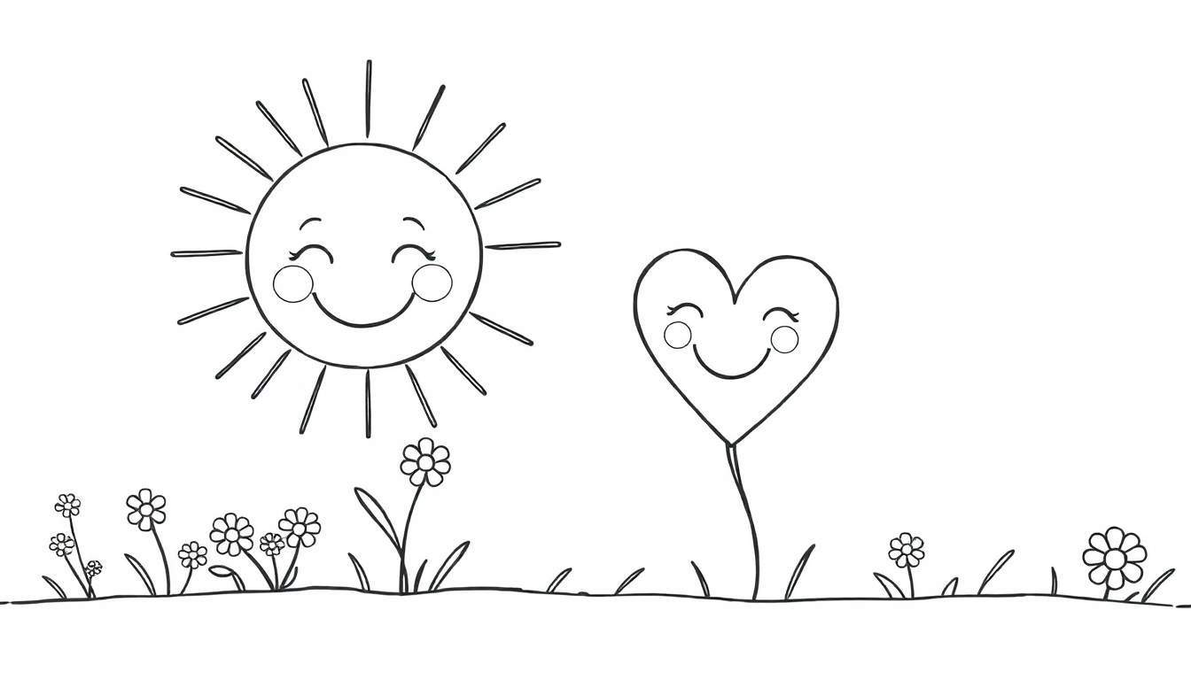Desenho a preto e branco de um sol sorridente e um balão em forma de coração com um sorriso, rodeados por flores e relva, pronto para ser colorido.