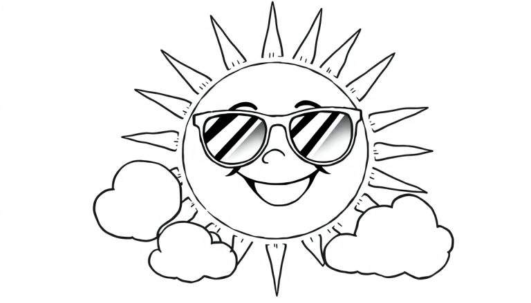 Desenho em preto e branco de um sol sorridente com óculos de sol, raios e nuvens para colorir.
