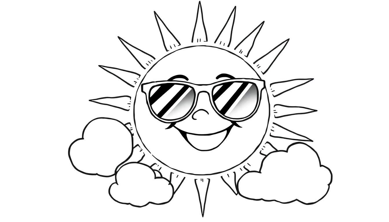 Desenho em preto e branco de um sol sorridente com óculos de sol, raios e nuvens para colorir.