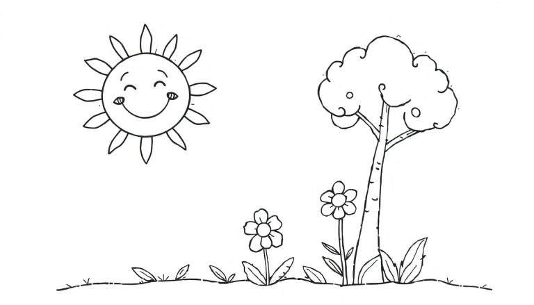 Página para colorir em preto e branco de um sol sorridente no canto superior esquerdo, uma árvore com copa redonda no lado direito e três flores e grama no chão representado por uma linha pontilhada.