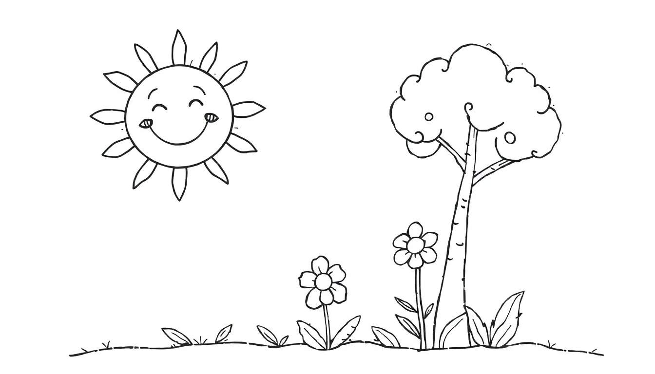 Página para colorir em preto e branco de um sol sorridente no canto superior esquerdo, uma árvore com copa redonda no lado direito e três flores e grama no chão representado por uma linha pontilhada.