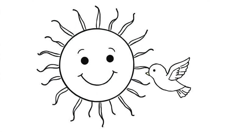 Página para colorir de um sol sorridente com raios ondulantes e um pássaro voando feliz.