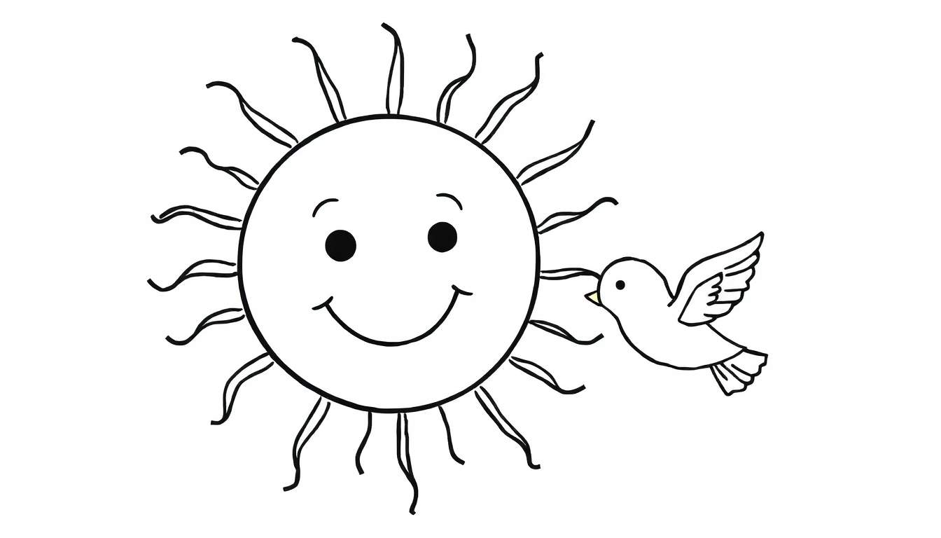 Página para colorir de um sol sorridente com raios ondulantes e um pássaro voando feliz.