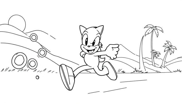 Página para colorir de Sonic, o ouriço, a correr para a direita num cenário tropical com palmeiras e um sol a nascer/pôr.