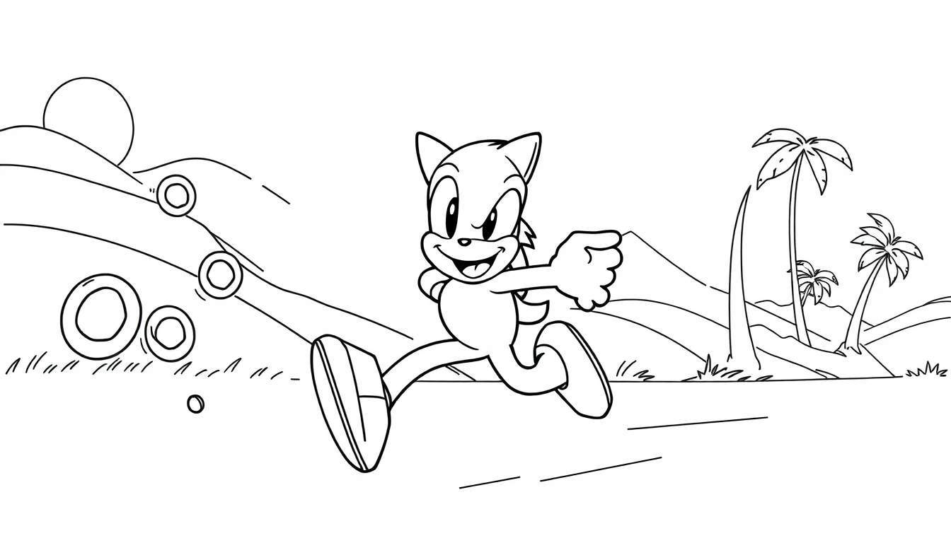 Página para colorir de Sonic, o ouriço, a correr para a direita num cenário tropical com palmeiras e um sol a nascer/pôr.