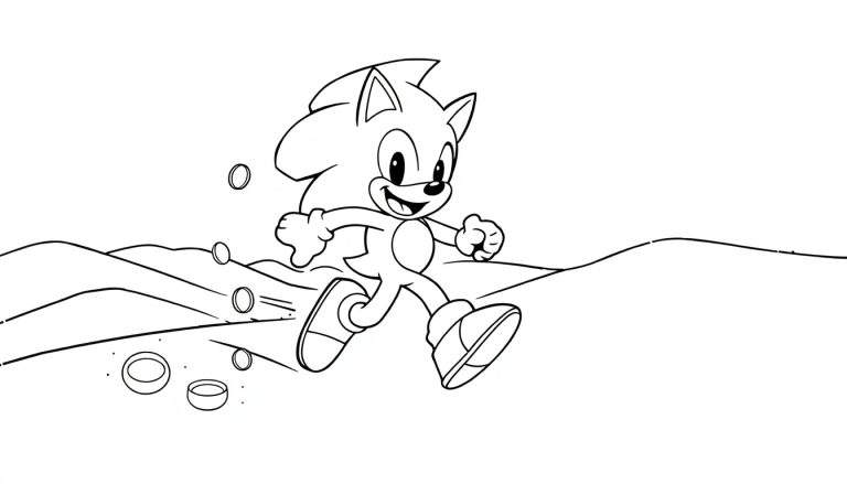 Desenho em preto e branco do Sonic correndo em uma paisagem com anéis