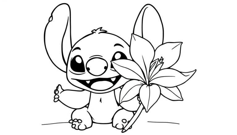 Stitch de Lilo & Stitch sentado a segurar uma flor, página para colorir
