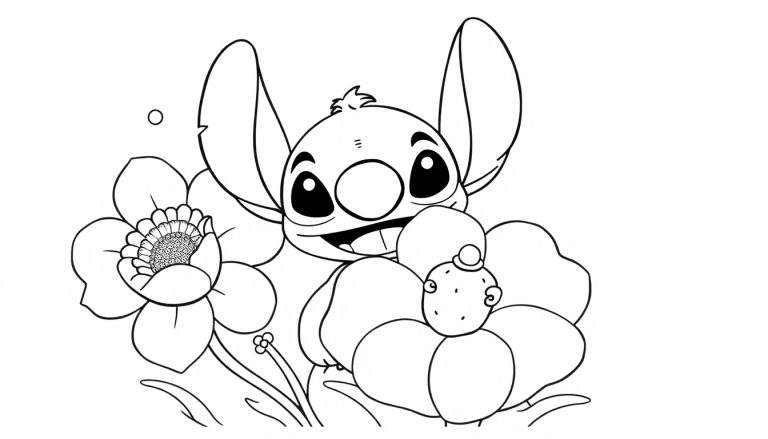 Desenho a preto e branco de Stitch, a personagem da Disney, sorrindo rodeado de flores, com uma pequena criatura numa flor.