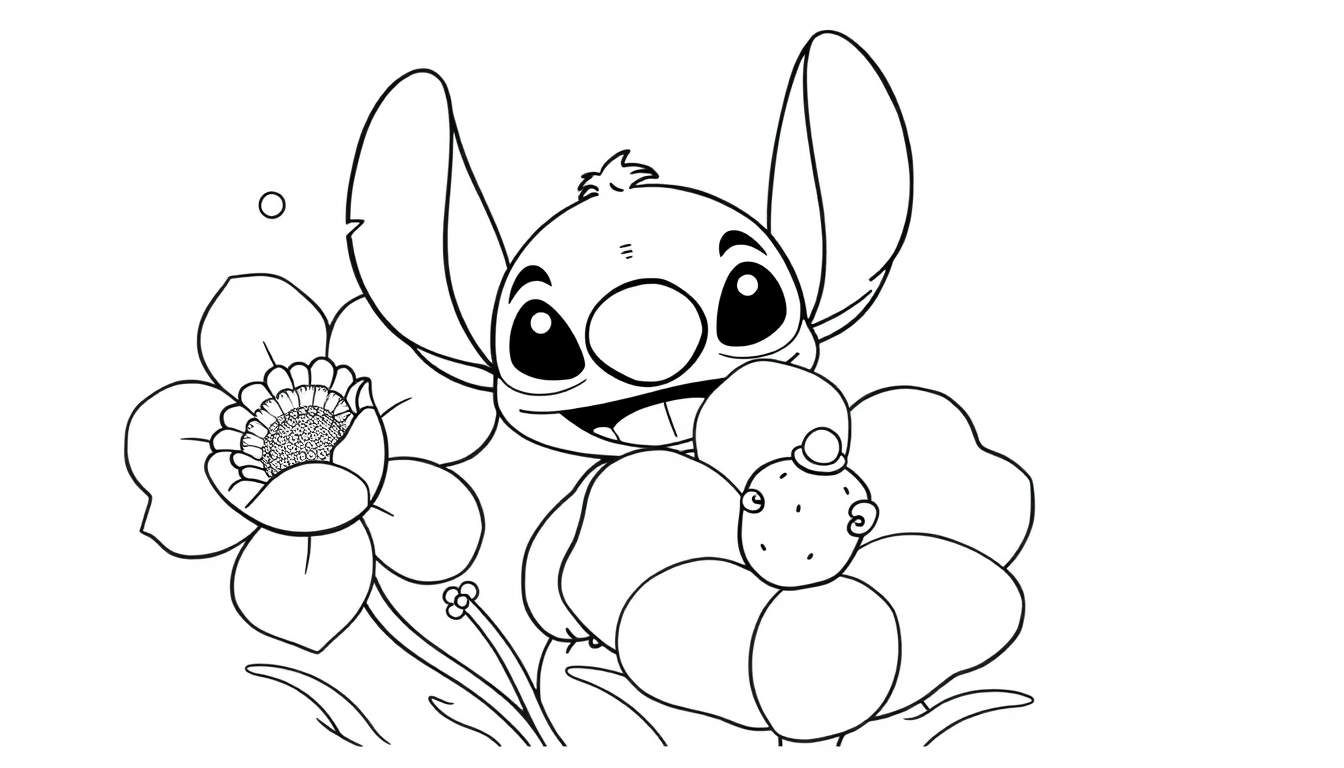 Desenho a preto e branco de Stitch, a personagem da Disney, sorrindo rodeado de flores, com uma pequena criatura numa flor.