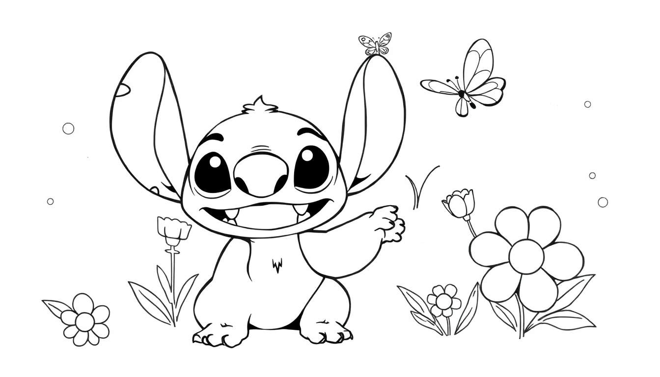 Página para colorir de Stitch da Disney num campo de flores, sorrindo e acenando com uma borboleta na orelha.