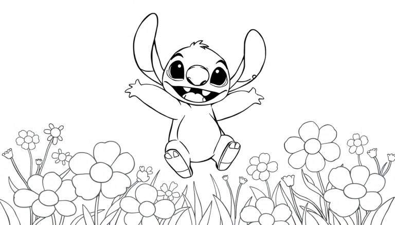 Página para colorir de personagem de desenho animado parecido com Stitch pulando feliz no ar, cercado por flores e grama, com contornos em preto e branco.