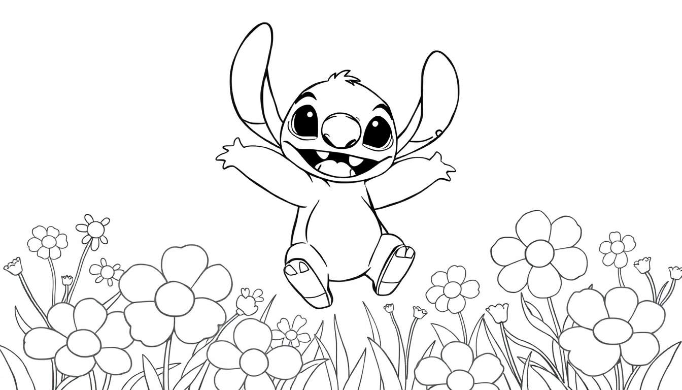 Página para colorir de personagem de desenho animado parecido com Stitch pulando feliz no ar, cercado por flores e grama, com contornos em preto e branco.