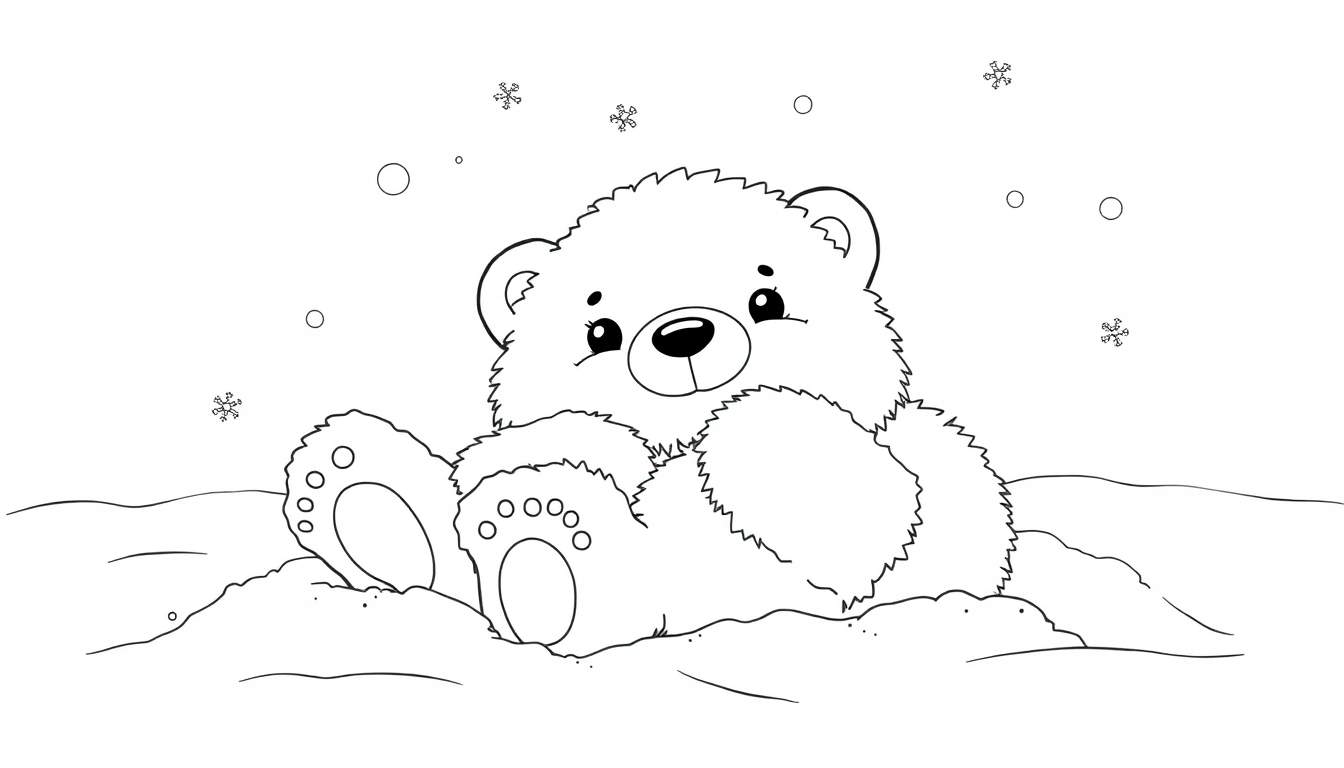 Página para colorir de um ursinho de pelúcia rindo e a brincar na neve, com gorro e cachecol.