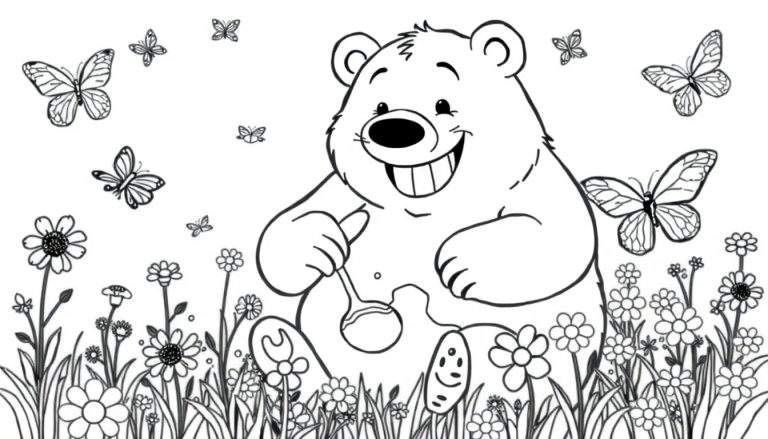 Desenho para colorir de um urso sorridente com uma colher sentado num campo florido, com borboletas a voar à volta.
