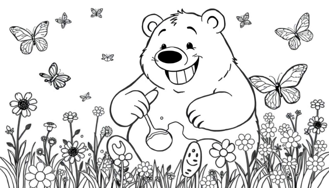 Desenho para colorir de um urso sorridente com uma colher sentado num campo florido, com borboletas a voar à volta.