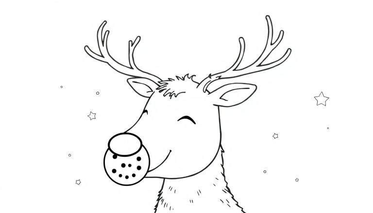 Desenho a preto e branco de um veado feliz com nariz grande com pintas, chifres, orelhas compridas e estrelas no fundo, pronto para ser colorido.