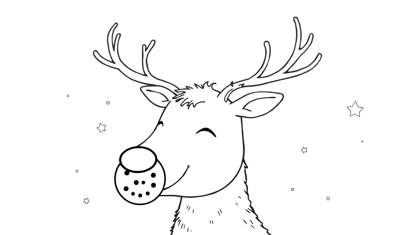 Desenho a preto e branco de um veado feliz com nariz grande com pintas, chifres, orelhas compridas e estrelas no fundo, pronto para ser colorido.