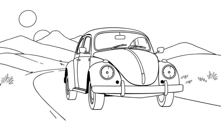 Página para colorir com um Volkswagen Carocha a andar numa estrada montanhosa sinuosa com o sol a pôr-se.