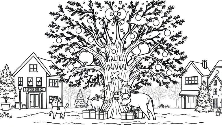 Página para colorir de uma cena de Natal em um vilarejo com uma árvore grande decorada no centro, presentes, bois, veado com cachecol, casas com janelas e telhados pontudos, e um cenário de inverno com neve e árvores sem folhas.
