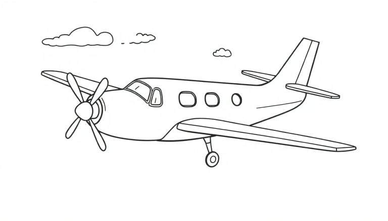 Página para colorir de uma aeronave voando entre nuvens