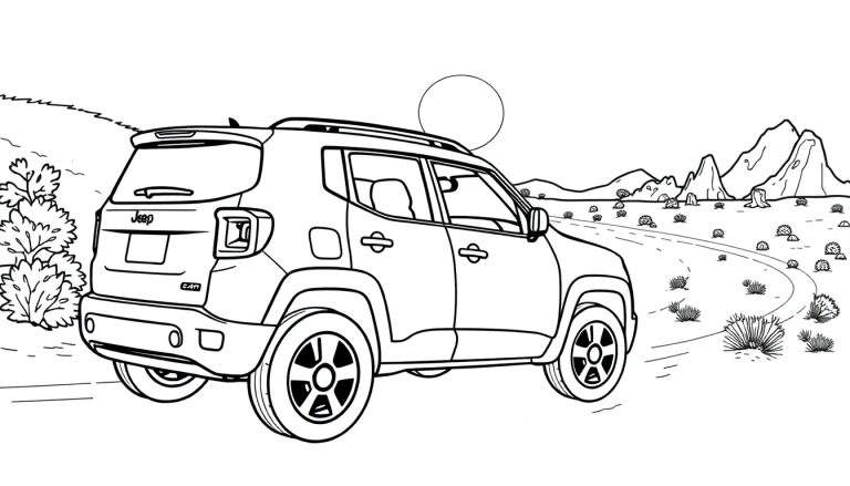 Página para colorir de um Jeep SUV em uma estrada de terra com montanhas e sol ao fundo.