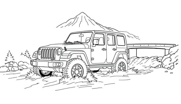 Desenho a preto e branco de um Jeep Wrangler estacionado num terreno acidentado com montanhas e uma ponte ao fundo, pronto para colorir.