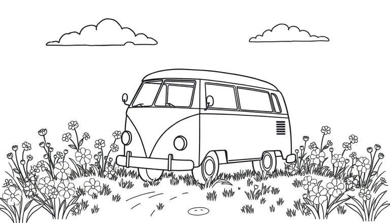 Desenho para colorir com uma nuvem sorridente, um carro simples e uma flor com pétalas abertas, rodeados por espaço em branco.