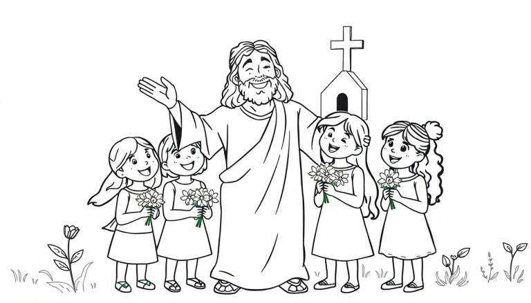 Página para colorir: Jesus com barba e túnica, sorrindo e com a mão levantada, rodeado por quatro meninas sorridentes segurando flores. Uma igreja com cruz está ao fundo.