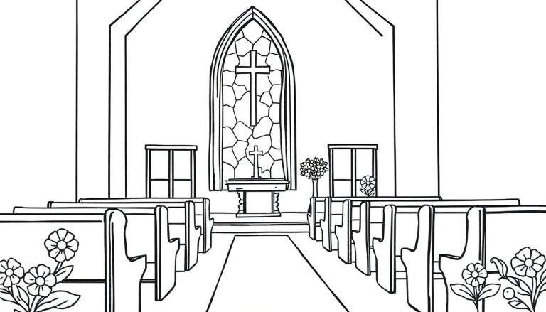 Desenho para colorir do interior de uma igreja, com foco no altar e janelas de vitral. A vista é do fundo da nave, mostrando bancos em primeiro plano e um altar central adornado com flores.
