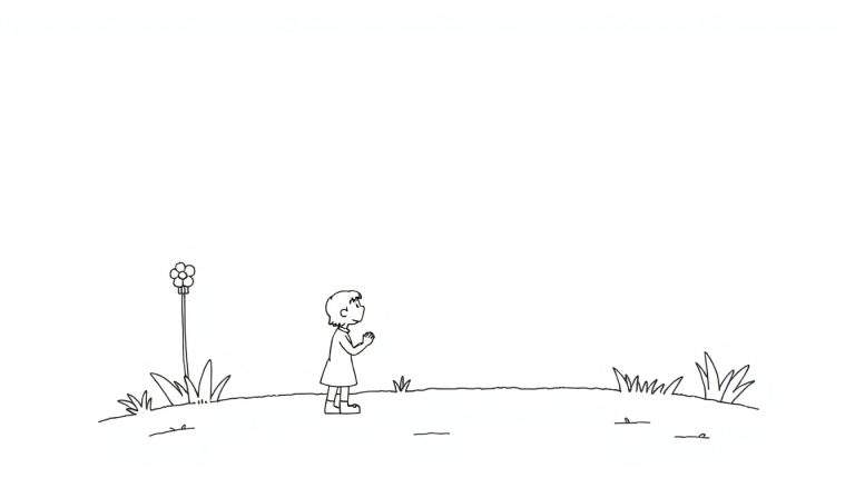 Página para colorir: Desenho minimalista de uma menina de perfil, com cabelo curto e vestido simples, olhando para cima com curiosidade para uma planta alta com uma flor ou botões arredondados. O chão tem tufos de relva simples e o fundo é branco.