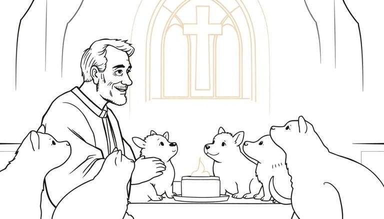 Desenho para colorir de um padre sorridente com um bigode, rodeado por seis cães pequenos estilo Corgi, todos olhando para um bolo em um prato. Uma cruz é visível em uma janela arqueada ao fundo.