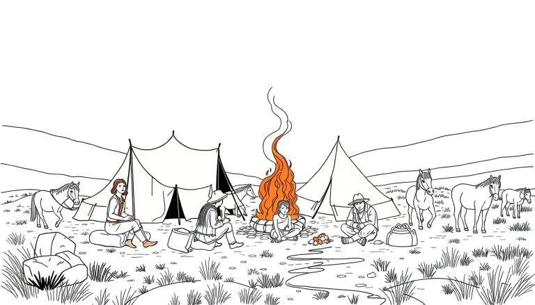 Desenho para colorir de uma cena de acampamento com fogueira laranja, pessoas, barracas e cavalos.
