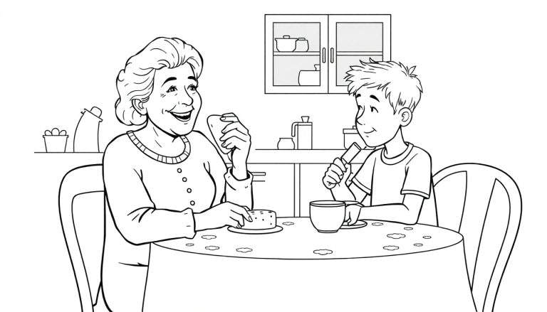 Página para colorir mostrando uma mulher idosa de cabelo encaracolado e um menino jovem com cabelo espetado sentados à mesa, compartilhando um lanche. A avó segura um pedaço de bolo e o neto mexe em uma xícara. Fundo de cozinha com armários e balcões.